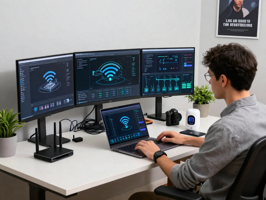 Pengaturan WiFi 4D modern di ruang kerja profesional dengan perangkat pintar dan analisis jaringan