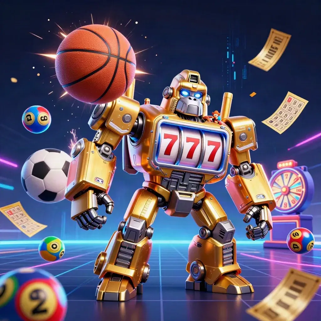 Golden gorilla mech with monkey pilot, exploding sports balls, neon casino lights