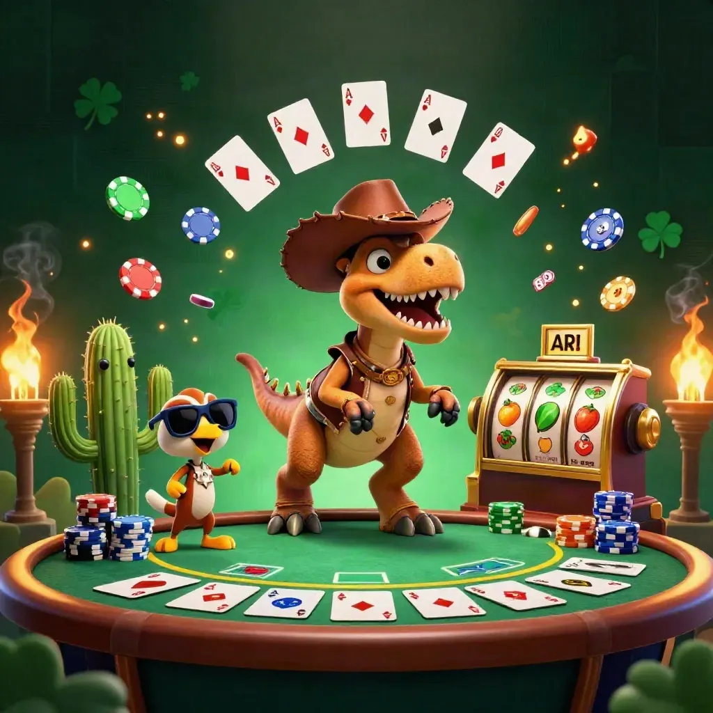 Cowboy T-Rex, cactus sidekick, and sheriff roadrunner in a neon casino blast of chips and cards