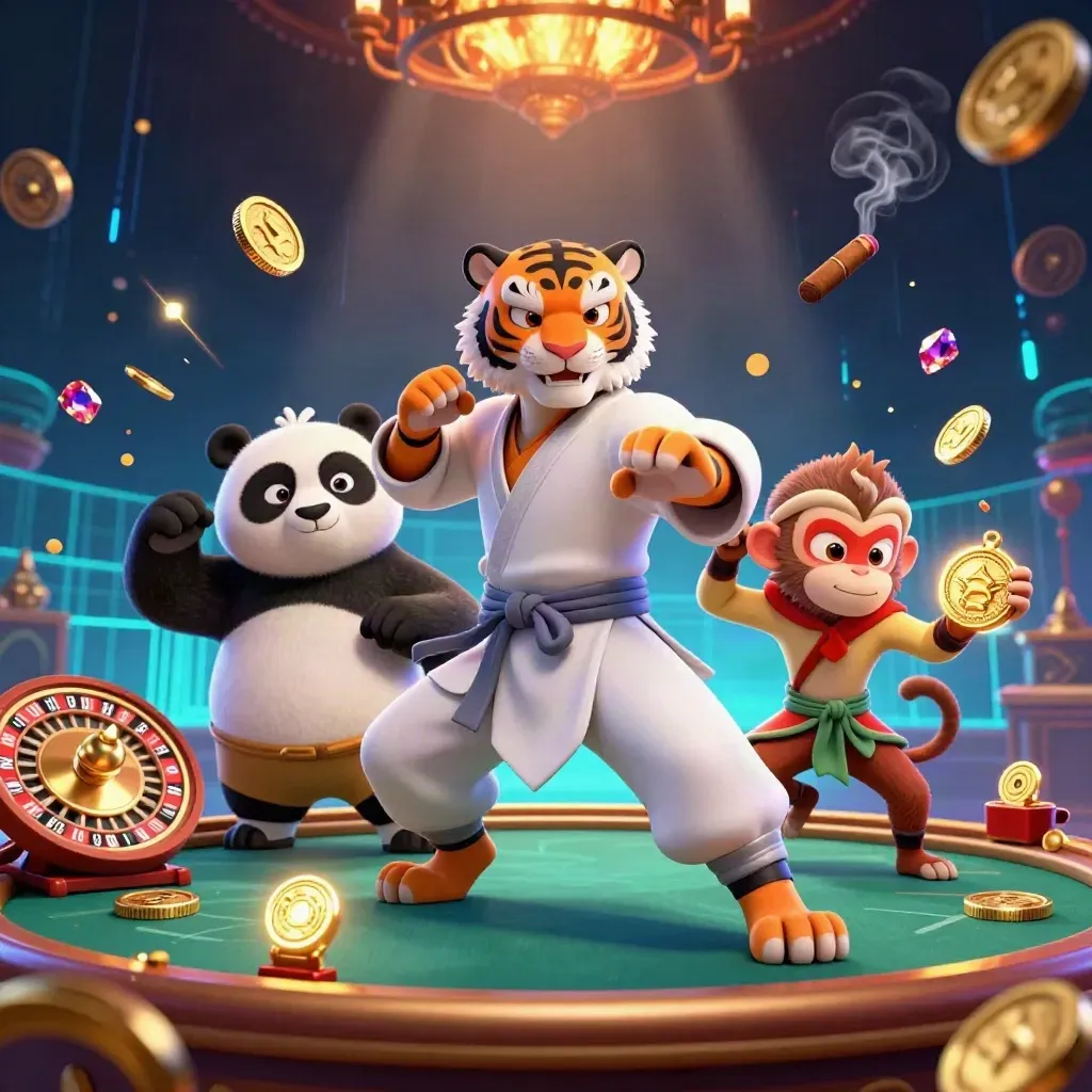 Kung-fu tiger, panda, and monkey in a neon casino room with coins, gems, and a spinning wheel.