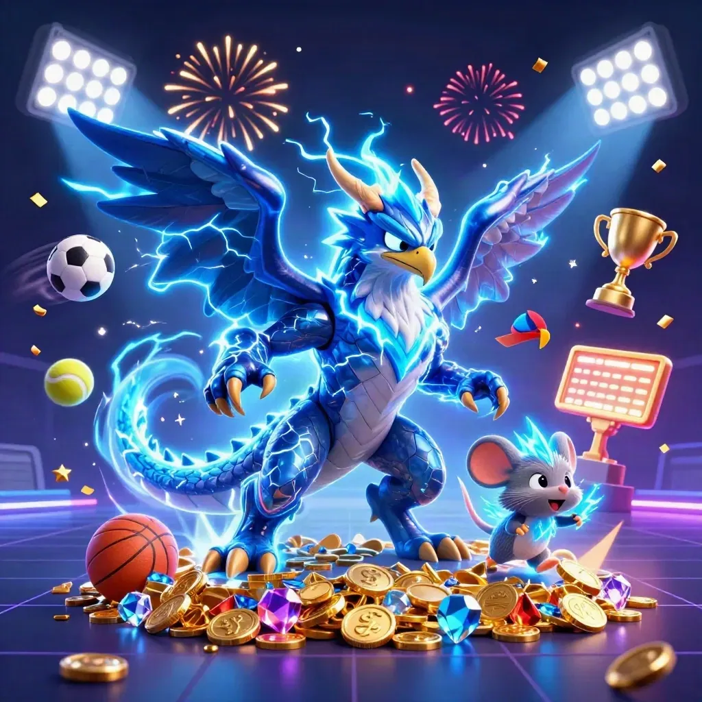 Thunder dragon, wind hawk, and thunder-mouse amid coins, gems, and sports balls in neon blue casino art.