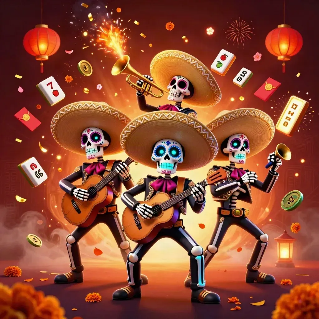 Skeleton mariachi trio blasting cyan casino loot, lanterns, tiles, coins, petals in a fiery neon burst