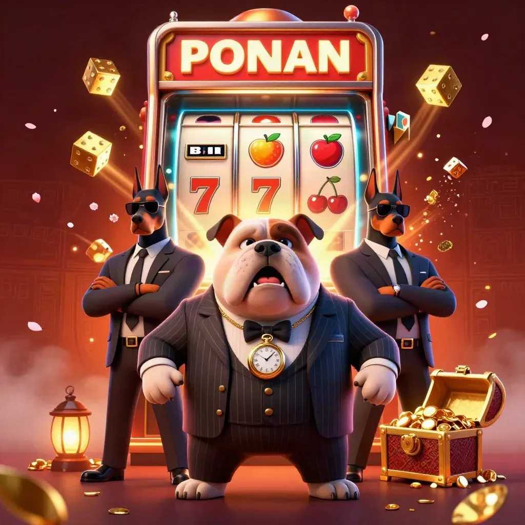 Bulldog boss and two Dobermans amid exploding slot machine, gold, dice, gems, and blue neon glow.