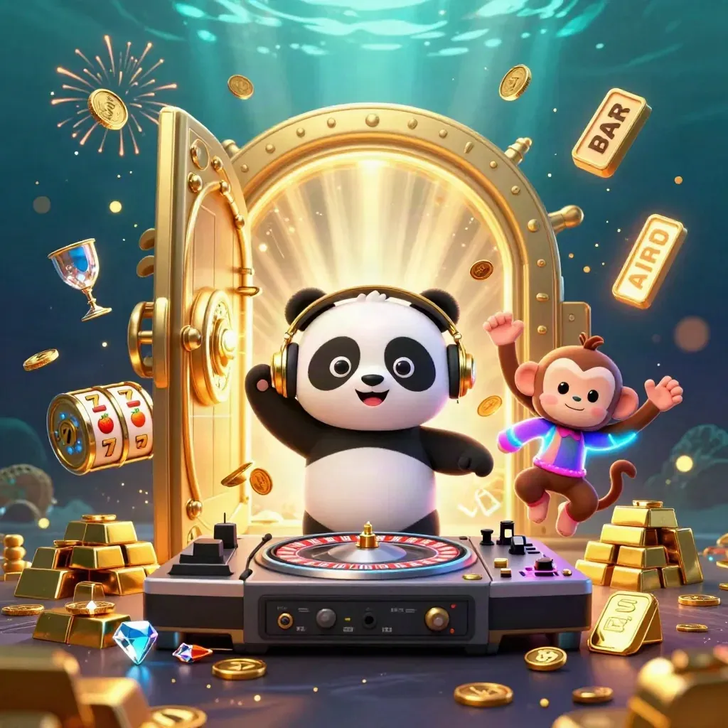 DJ panda, monkey, and kitten as gold bursts from a vault with casino sparks