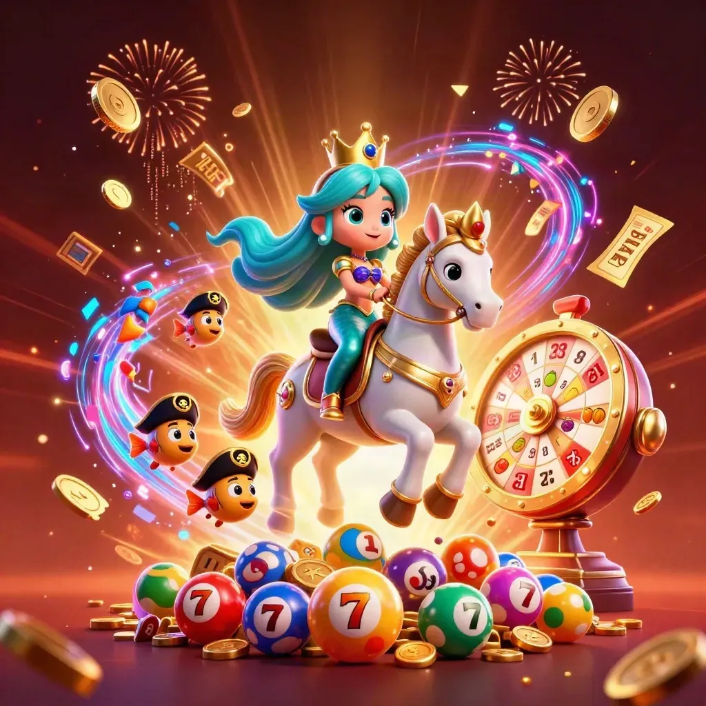 Mermaid princess on a golden seahorse amid coins, lottery balls, reels, fireworks, and pirate fish.