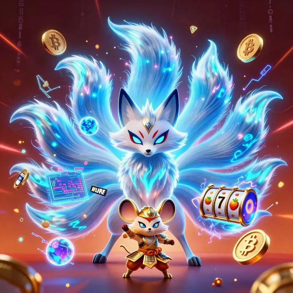 Nine-tailed neon fox spirit with samurai mouse, casino coins, reels, and blue-cyan energy