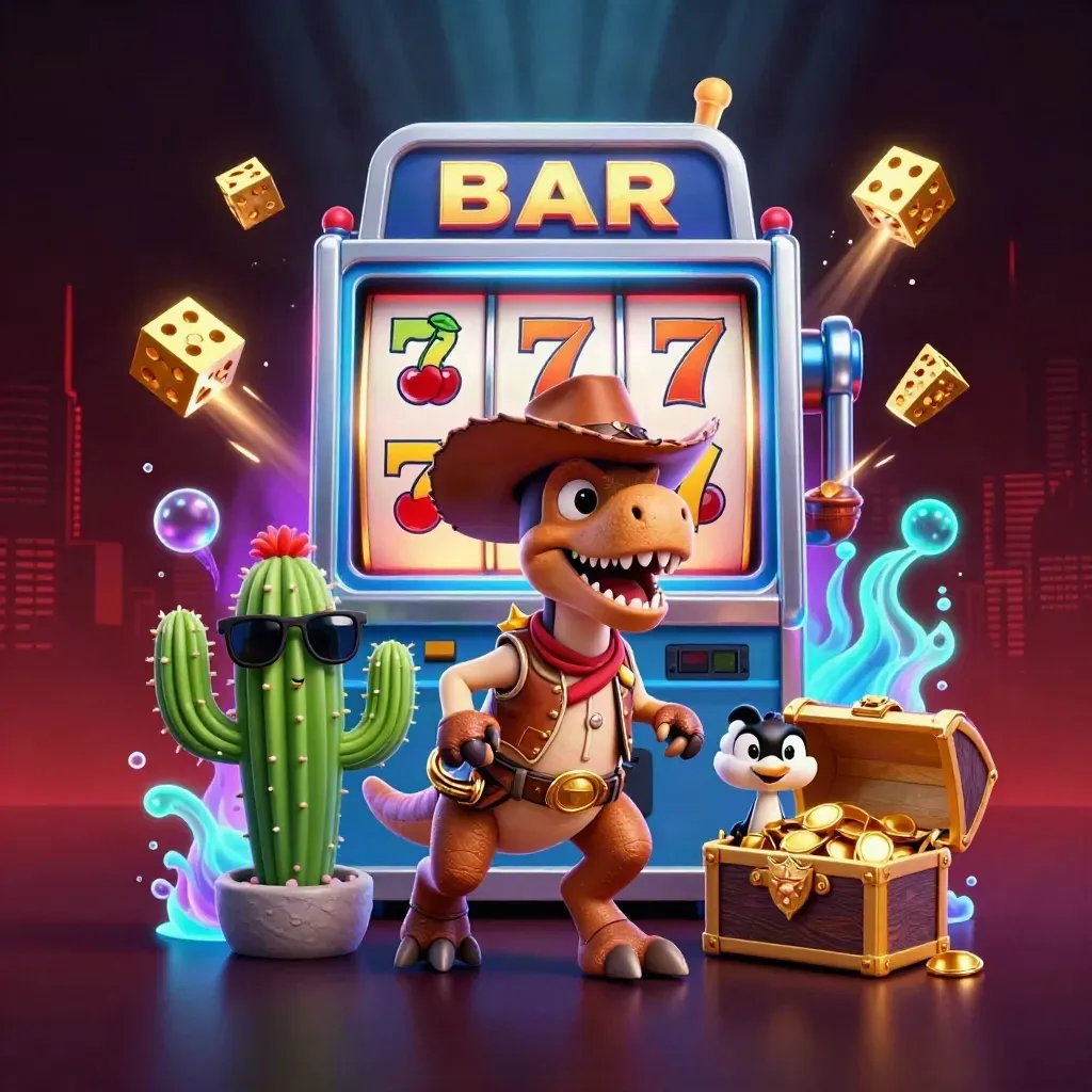 Cowboy T-Rex, cactus sidekick, and roadrunner burst from a glowing slot machine with gold and neon effects.