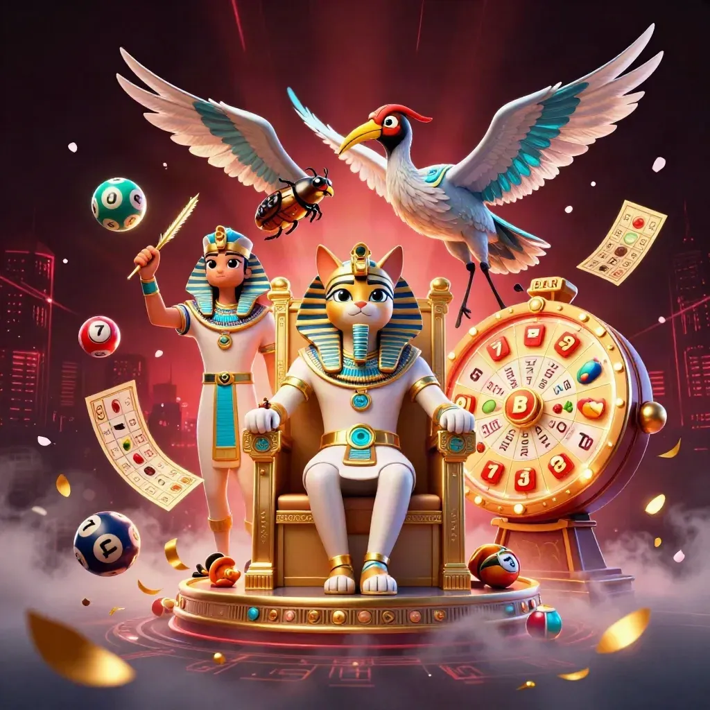 Pharaoh cat on a throne with ibis scribe, scarabs, casino symbols, and glowing blue accents.
